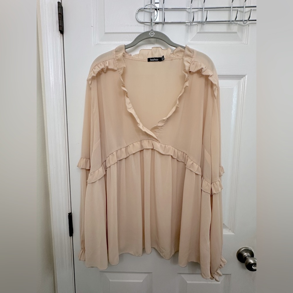 Elegant sheer Cream Ruffled Blouse by Boohoo size US 18 
P2P 27” length 30”